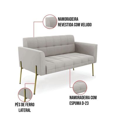 Sofá Namoradeira E 2 Poltronas Pé De Ferro Dourado Elisa Veludo Cinza D03 - D'rossi