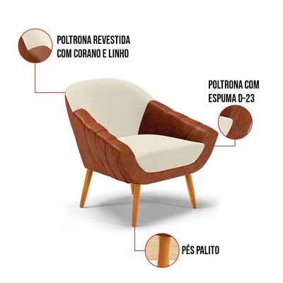 Poltrona Sala De Estar Pé Palito Castanho Kit 2 Giovana Nozes/linho Bege D01 - D'rossi