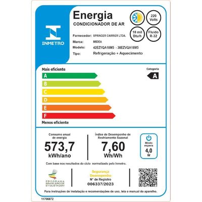 Ar Condicionado Split 18.000 BTUs Inverter AI Ecomaster Q/F Midea 42EZVQA18M5.38EZVQA18M5 220V
