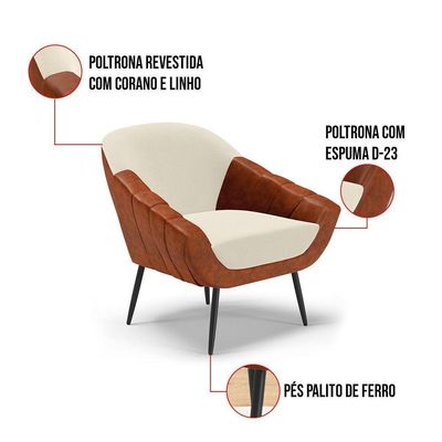 Poltrona Sala De Estar Pé Palito Ferro Kit 2 Giovana Nozes-linho Bege D01 - D'rossi