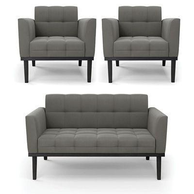 Sofá Namoradeira E 2 Poltronas Base De Madeira Preto Elisa Suede D03 - D'rossi Cor Grafite