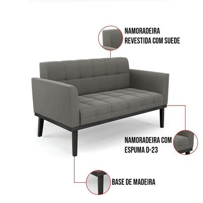 Sofá Namoradeira E 2 Poltronas Base De Madeira Preto Elisa Suede D03 - D'rossi Cor Grafite