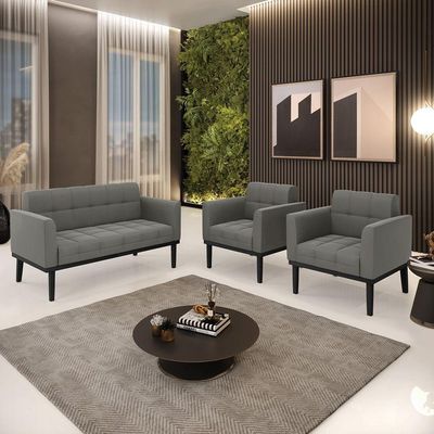 Sofá Namoradeira E 2 Poltronas Base De Madeira Preto Elisa Suede D03 - D'rossi Cor Grafite