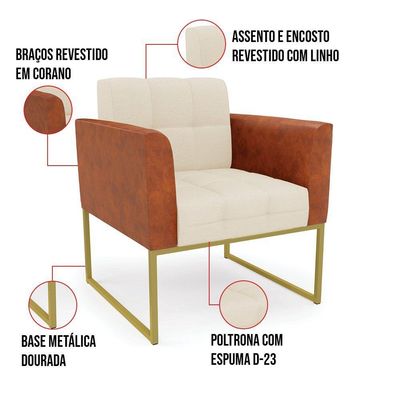 Poltrona Base Industrial Dourado Elisa Nozes-linho Bege A19 D03 - D'rossi