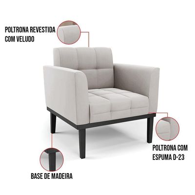 Poltrona Base De Madeira Fixa Preto Kit 2 Elisa Veludo Cinza D03 - D'rossi