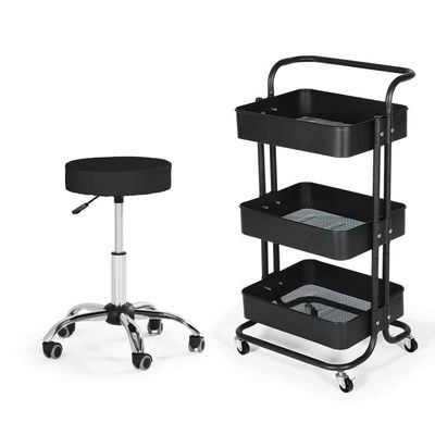 Kit Estética Com Banco Mocho E Carrinho Multiuso - Preto