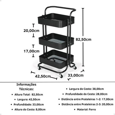 Kit Estética Com Banco Mocho E Carrinho Multiuso - Preto