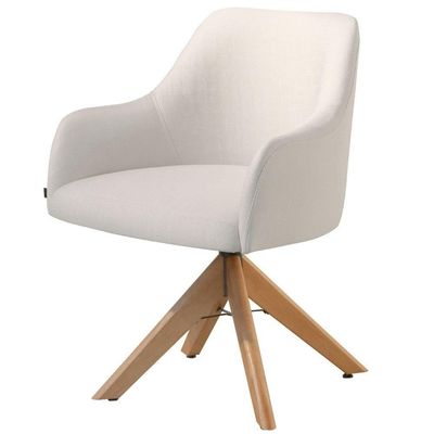 Conjunto Poltronas Decorativa Hera Linho Nude Com Base Giratória Em Madeira