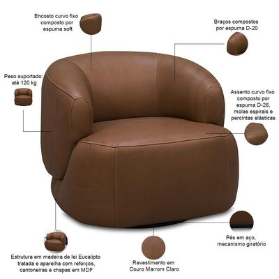 Poltrona Decorativa Giratória Orgânica Para Sala Living Begur L06 Couro Marrom Claro - Lyam Decor