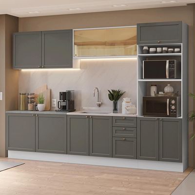 Armário De Cozinha Completa 310 Cm Vik Madesa 01 Branco/cinza