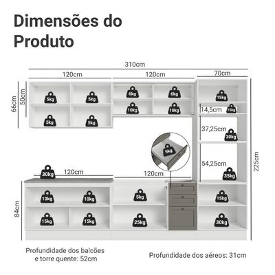 Armário De Cozinha Completa 310 Cm Vik Madesa 01 Branco/cinza