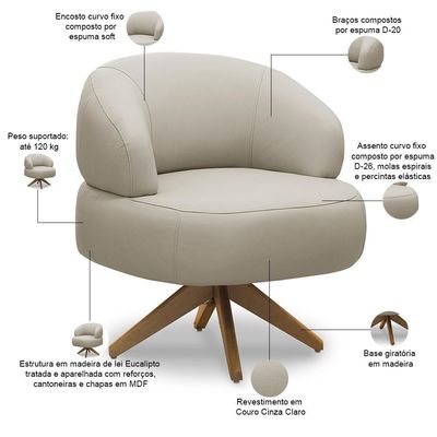 Poltrona Decorativa Giratória Orgânica Para Sala Living Zadok L06 Couro Cinza Claro - Lyam Decor