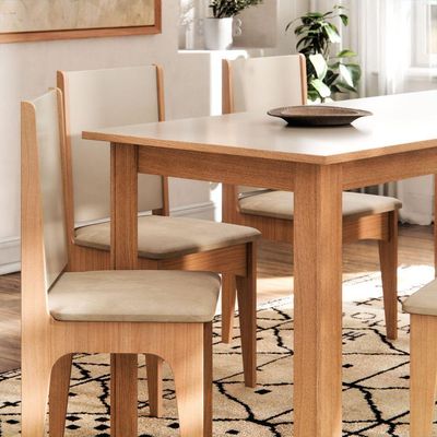 Conjunto Mesa De Jantar Moderno Sara Com 6 Cadeiras Estofadas Mel Off