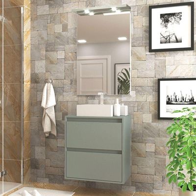 Gabinete Para Banheiro Com Cuba E Espelheira Com Led 60cm Mdf Verde Dubai - On Móveis