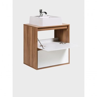 Gabinete Para Banheiro Com Cuba E Espelheira Com Led 60cm Mdf Freijo Com Branco Dubai - On Móveis
