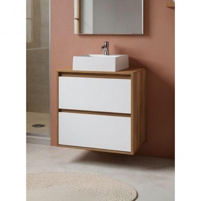 Gabinete Para Banheiro Com Cuba E Espelheira Com Led 60cm Mdf Freijo Com Branco Dubai - On Móveis