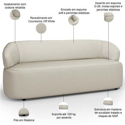 Sofá 3 Lugares Orgânico Sala De Estar Living 170cm Carmen F04 Couríssimo Off White - Lyam Decor