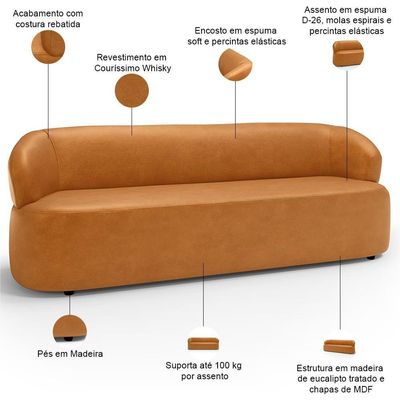Sofá 3 Lugares Orgânico Sala De Estar Living 205cm Carmen F04 Couríssimo Whisky - Lyam Decor