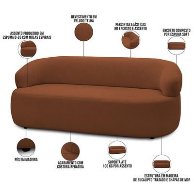 Sofá 3 Lugares Orgânico Sala De Estar Living 170cm Carmen F04 Veludo Telha - Lyam Decor