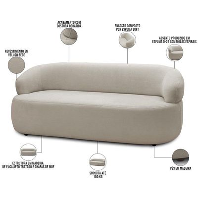 Sofá 2 Lugares Orgânico Sala De Estar Living 140cm Carmen F04 Veludo Bege - Lyam Decor