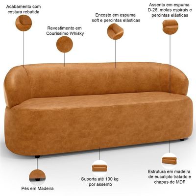 Sofá 3 Lugares Orgânico Sala De Estar Living 170cm Carmen F04 Couríssimo Whisky - Lyam Decor