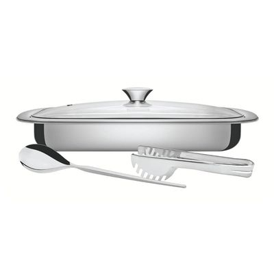 Kit Assar E Servir Tramontina Aço Inox Com Tampa De Vidro 3 Peças