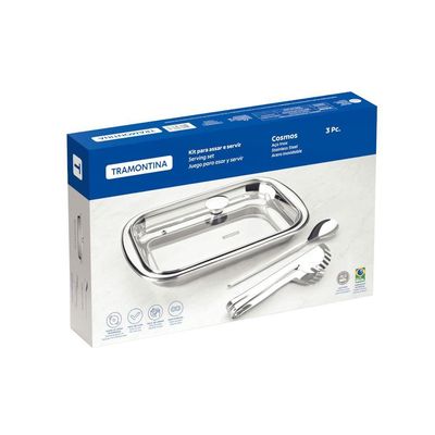 Kit Assar E Servir Tramontina Aço Inox Com Tampa De Vidro 3 Peças