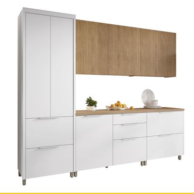 Cozinha Completa em MDF Nesher Paris Ripada com 270 cm de Largura, 8 Portas, 6 Gavetas e 12 Prateleiras - Branco/Nature