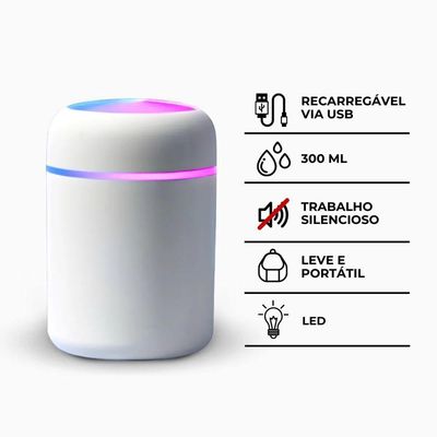 Umidificador Portátil Usb 300ml Branco Bivolt – Ultrassônico Com Luminária Led