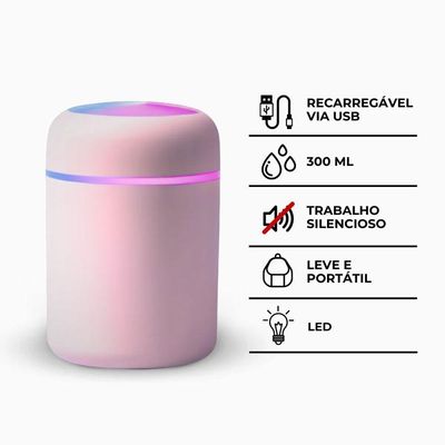 Umidificador Portátil Ultrassônico Usb 300ml Rosa – Bivolt Com Função Luminária