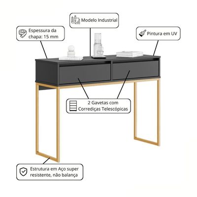 Aparador Moderno Estilo Industrial Com Base Metal 2 Gavetas - Preto Dourado Preto Dourado