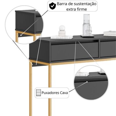 Aparador Moderno Estilo Industrial Com Base Metal 2 Gavetas - Preto Dourado Preto Dourado