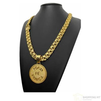 Cordão Banhado Ouro 12Mm C/ Pingente Correnti Foco Força Fé