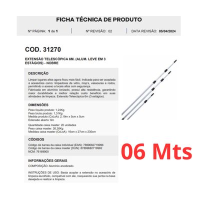 Cabo De Alumínio Extensão Telescópica 6 Mts 3 Estágios Nobre