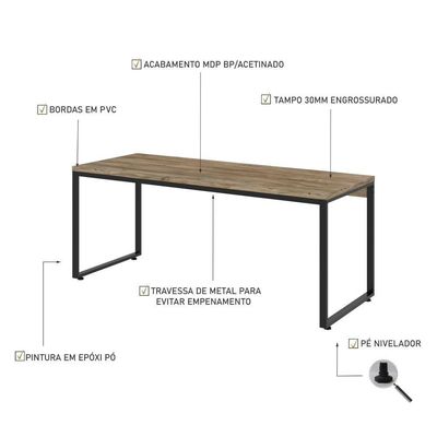 Mesa Kuadra Diretor 180x70x75cm Carvalho / Est.preta