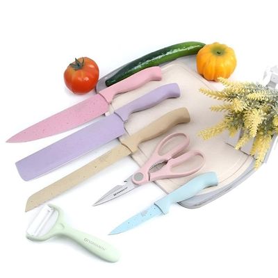 Kit Facas Gourmet 6 Peças Coloridas – Aço Inox Com Tesoura E Descascador
