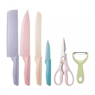Kit Facas Gourmet 6 Peças Coloridas – Aço Inox Com Tesoura E Descascador