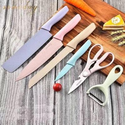 Kit Facas Gourmet 6 Peças Coloridas – Aço Inox Com Tesoura E Descascador