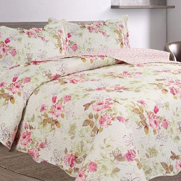 Kit Cobre Leito Colcha Mix King Estampado Dupla Face Floral 3 Peças - Mariela
