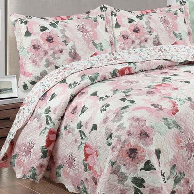 Kit Cobre Leito Colcha Mix King Estampado Dupla Face Floral 3 Peças - Sirlene - Rosa