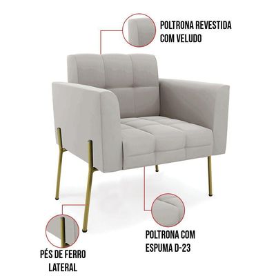 Poltrona Pé De Ferro Dourado Para Sala Kit 2 Elisa Veludo D03 - D'rossi Cor Cinza