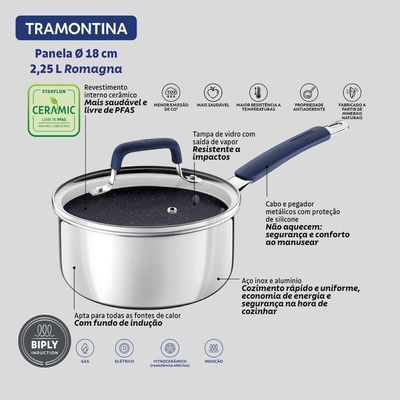 Panela Tramontina Romagna Aço Inox E Alumínio 18cm Com Revestimento Cerâmico Black Stone