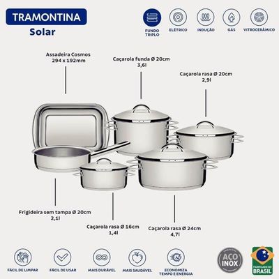 Jogo De Panelas Tramontina Solar Com Assadeira Em Inox 6 Peças