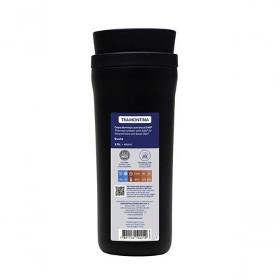 Copo Térmico Tramontina Aço Inox 460 Ml Preto Com Bocal 360°