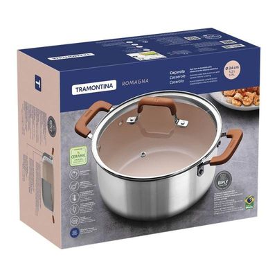 Caçarola Tramontina Romagna Aço Inox E Alumínio 24cm Com Revestimento Cerâmico Marfim