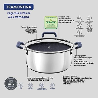 Caçarola Tramontina Romagna Aço Inox E Alumínio 20cm Com Revestimento Cerâmico Black Stone