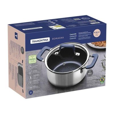 Caçarola Tramontina Romagna Aço Inox E Alumínio 20cm Com Revestimento Cerâmico Black Stone