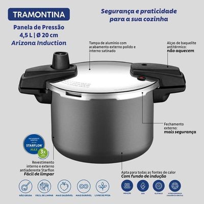 Panela Pressão Tramontina Arizona Induction Antiaderente Titânio 20cm 4,5 Litros