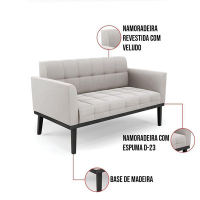 Sofá Namoradeira E Poltrona Base De Madeira Preto Elisa Veludo Cinza D03 - D'rossi