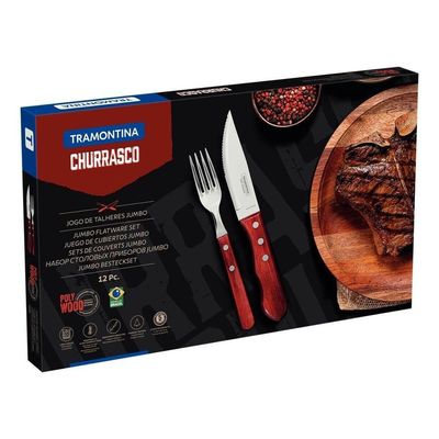 Jogo De Churrasco Em Aço Inox Jumbo Tramontina Polywood Vermelho 12 Peças